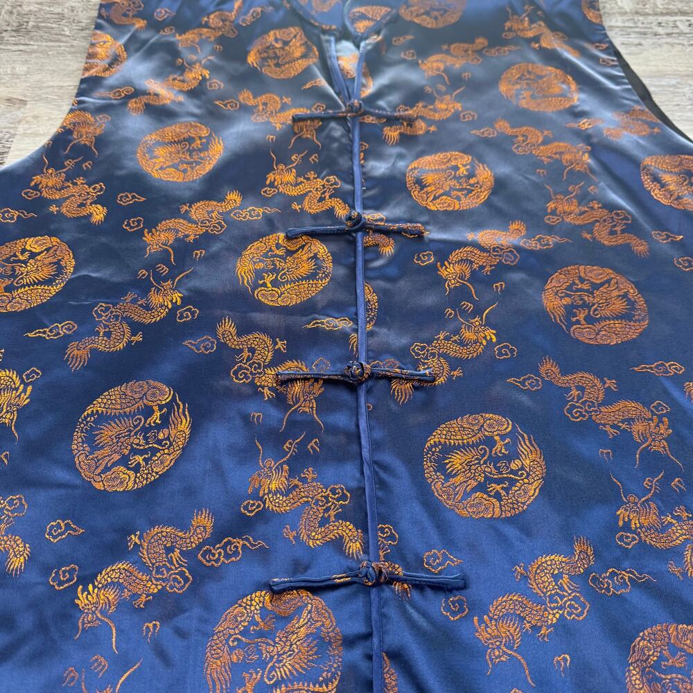 Vintage Chinese Dragon Satin Vest Navy Gold Frog Closure Y2K XL - Picture 2 of 8
